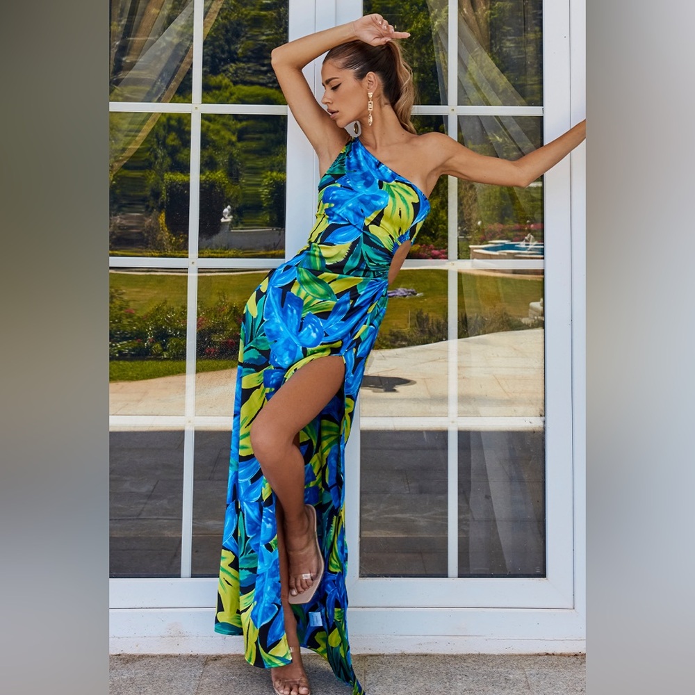 RUNAWAY the Label Barzilio tropical satin cutout dress